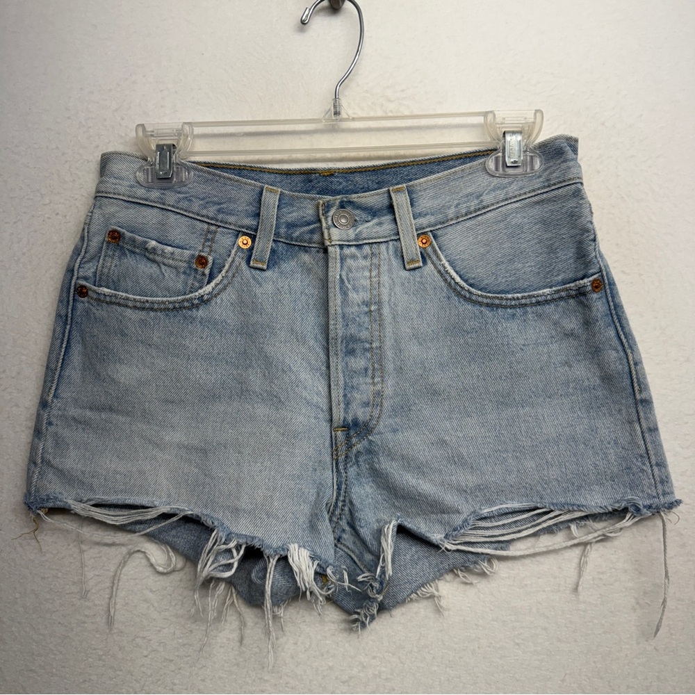 Levi's 501 Jean Shorts Blue Distressed High Rise Light‎ Wash Denim 26 Cutoff